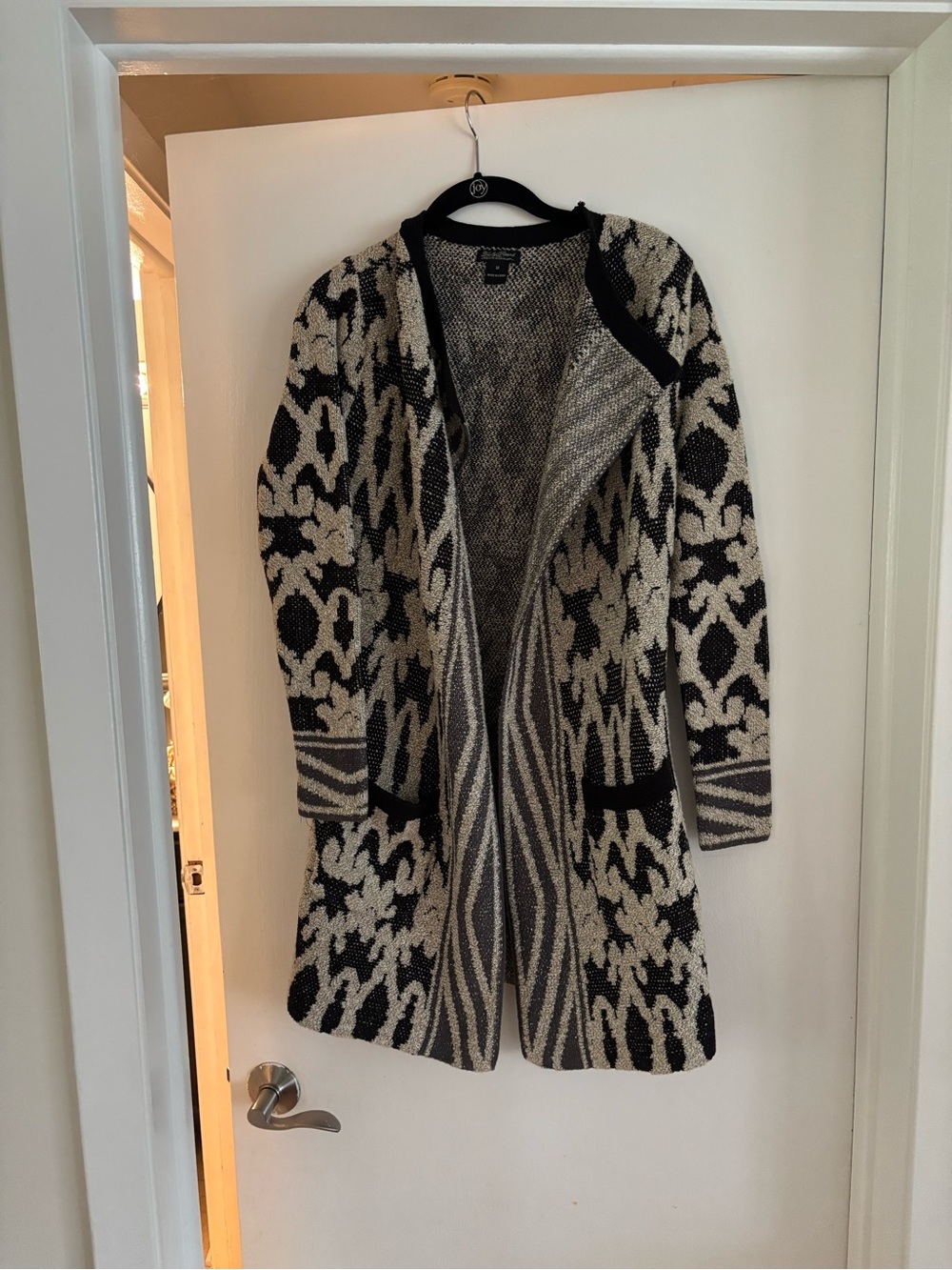 Lucky Brand Black and Cream Patterned Open-Front Cardigan